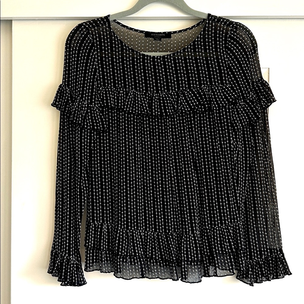 All Saints Ruffled Top Black with white polkadot threads sz XS womens LIKE NEW